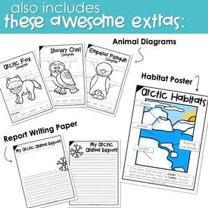 May include: Black and white printable worksheets for an Arctic animal unit study. The worksheets include diagrams of an arctic fox, a snowy owl, and an emperor penguin. There is also a report writing paper with a snowflake design and a poster showing the different habitats of the Arctic.