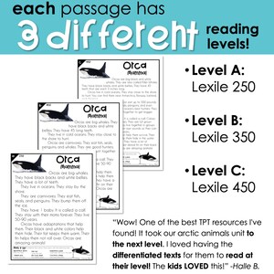 May include: Three different reading passages about orcas, also known as killer whales. Each passage is labeled with a different reading level: Level A, Level B, and Level C. The passages describe the physical characteristics, diet, and behavior of orcas. The text includes the words "Otca Mammal" and "Lexile".