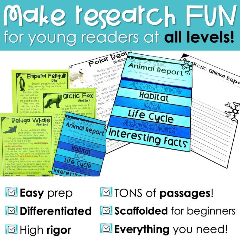 May include: A set of printable worksheets for teaching young readers about Arctic animals. The worksheets feature colorful graphics and text boxes for students to fill in information about the animals' appearance, habitat, diet, life cycle, adaptations, and interesting facts. The text on the worksheets includes the words "My Arctic Animal Report" and "Interesting Facts".