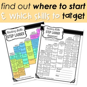 May include: A colorful printable reading skills assessment chart with a step ladder graphic. The chart includes categories for phonemic awareness, phonics, fluency, listening comprehension, reading comprehension, and vocabulary. The chart is designed to help teachers assess student reading skills.