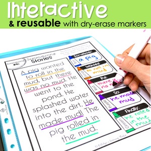 May include: A printable worksheet for summarizing stories. The worksheet features a story about a pig who wants to roll in the mud. The worksheet includes a section for identifying the main character, what they wanted, what happened, and the ending of the story. The worksheet is designed to be used with dry-erase markers.