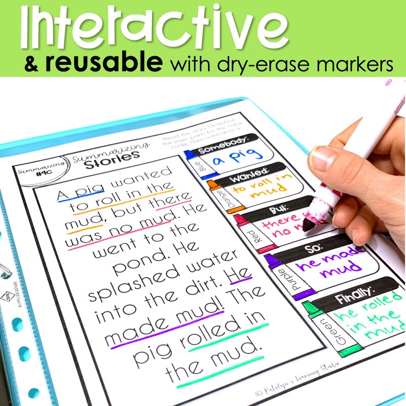 May include: A printable worksheet for summarizing stories. The worksheet features a story about a pig who wants to roll in the mud. The worksheet includes a section for identifying the main character, what they wanted, what happened, and the ending of the story. The worksheet is designed to be used with dry-erase markers.