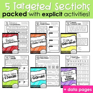 May include: A set of colorful printable worksheets for teaching reading comprehension skills. The worksheets feature different activities such as identifying character traits, sequencing events, and finding details. The worksheets are labeled with titles such as "Sentence Comprehension", "Predicting & Cause/Effect", "Story Elements", "Finding Details", "Main Idea & Details", "Sequencing Star Race", "Identifying Cause & Effect", and "Reading Comprehension Data Tracking".