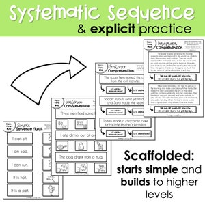 May include: A black and white worksheet with the title "Systematic Sequence & Explicit Practice" and several activities for teaching reading comprehension. The activities include matching sentences with pictures, filling in the blanks in sentences, and writing a summary of a paragraph.