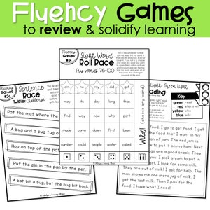 May include: Black and white printable fluency game cards for kids. The cards feature a variety of activities, including a sight word roll race, a sentence race, and a light-green light game. The cards are designed to help children improve their reading fluency and comprehension.