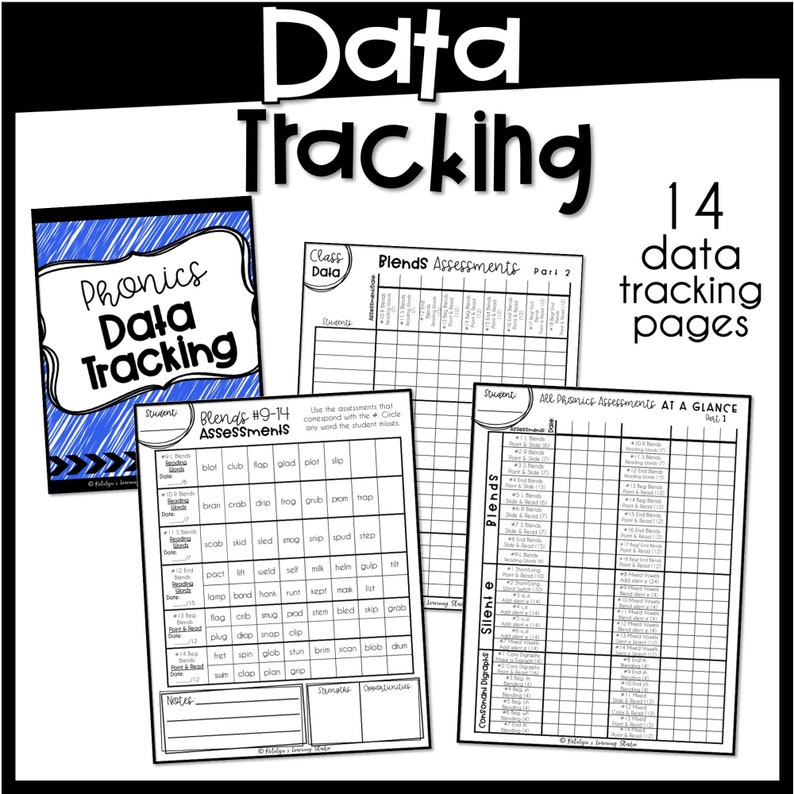 May include: Black and white printable data tracking sheets for phonics assessments. The sheets include sections for blends, digraphs, silent e, and all phonics assessments at a glance. The text "Data Tracking" is at the top of the page.