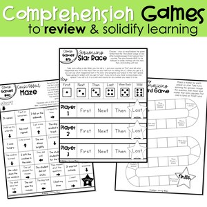 May include: Black and white printable game boards for kids. The game boards feature a star race game, a cause and effect maze, and a summarizing board game. The games are designed to help children learn and solidify their learning.