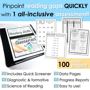 May include: A black binder with the title "Comprehensive Reading Skills Intervention Assessment" on the cover. The binder contains over 100 pages of worksheets and assessments for helping students with reading gaps. The image also shows a checklist with the following items: Includes Quick Screener, Diagnostic & Formative, Science of Reading, Data Pages, Progress Reports, Easy to use!