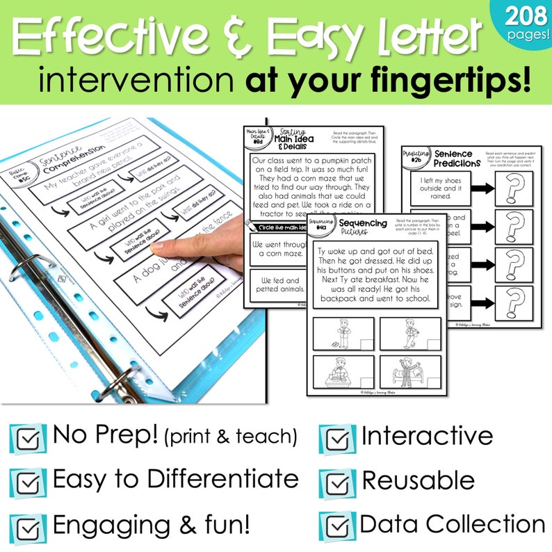 May include: A set of printable educational worksheets for kids. The worksheets feature colorful illustrations and text, including "Sentence Comprehension", "Sorting Main Idea & Details", "Sequencing Pictures", and "Making Sentence Predictions". The worksheets are designed to help children learn about reading comprehension, sequencing, and making predictions.