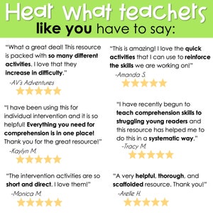 May include: A collage of five customer testimonials about a resource for teaching comprehension skills. Each testimonial includes a quote from a teacher, their name, and a five-star rating.