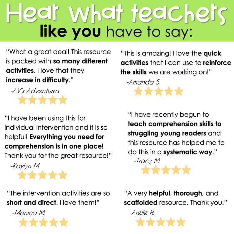 May include: A collage of five customer testimonials about a resource for teaching comprehension skills. Each testimonial includes a quote from a teacher, their name, and a five-star rating.