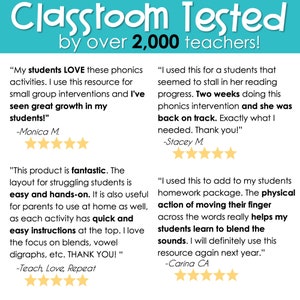 May include: A collage of four customer testimonials about a phonics learning resource. The testimonials highlight the resource's effectiveness in helping students learn to blend sounds, improve reading skills, and make learning fun. The resource is described as "easy and hands-on" and "fantastic".