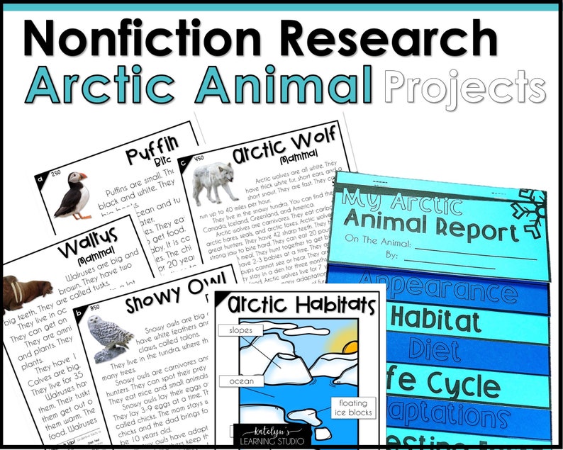 May include: A colorful printable resource for teaching about Arctic animals. The resource includes fact cards with illustrations of animals like puffins, walruses, and arctic wolves, along with information about their habitats and characteristics. There is also a printable report template for students to record their research findings.