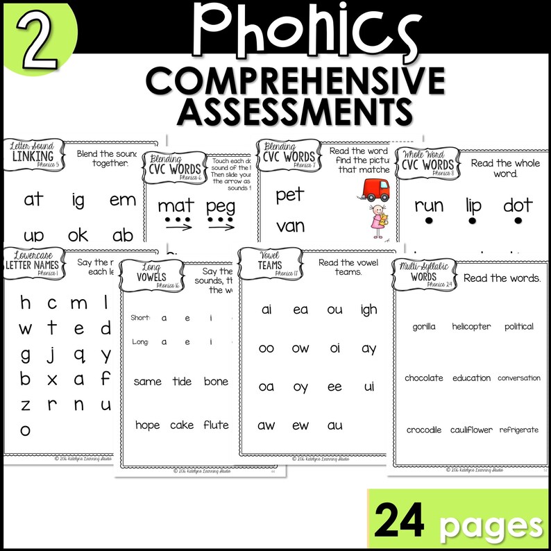 May include: A set of 24 printable worksheets for teaching phonics to young learners. The worksheets feature colorful illustrations and activities for blending sounds, reading CVC words, and identifying vowel teams. The worksheets are labeled with the phonics phase they cover.