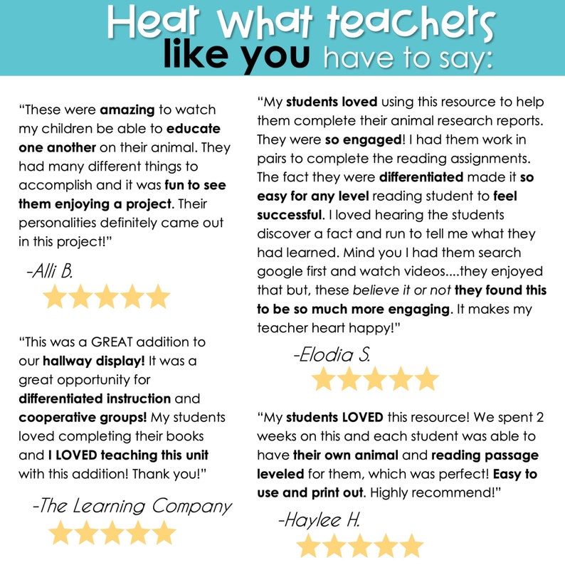 May include: A collage of five-star reviews from teachers about an educational resource. The reviews highlight the resource's effectiveness in engaging students, promoting cooperative learning, and providing differentiated instruction. The text includes phrases like "differentiated instruction", "cooperative groups", "loved teaching this unit", "so engaged", "easy for any level reading student", "found this to be so much more engaging", and "highly recommend!"