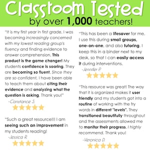 May include: Classroom Tested by over 1,000 teachers!  A collage of positive reviews from teachers about a product that helps students with reading fluency and comprehension.  The reviews highlight the product's effectiveness in improving student confidence and fluency, making it a game changer for teachers.