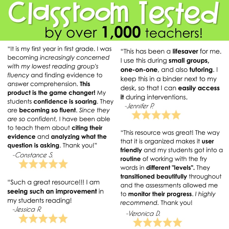 May include: Classroom Tested by over 1,000 teachers!  A collage of positive reviews from teachers about a product that helps students with reading fluency and comprehension.  The reviews highlight the product's effectiveness in improving student confidence and fluency, making it a game changer for teachers.
