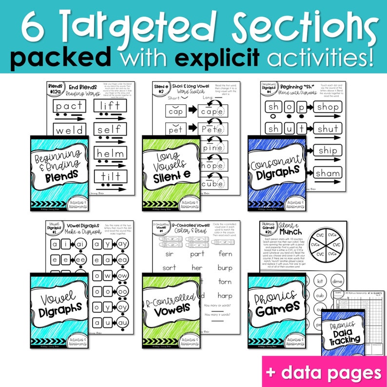 May include: A set of printable phonics worksheets for teaching beginning and ending blends, long vowels, silent e, consonant digraphs, vowel digraphs, r-controlled vowels, and phonics games. The worksheets are black and white with colorful borders. The worksheets include activities such as reading words, making digraphs, and coloring.