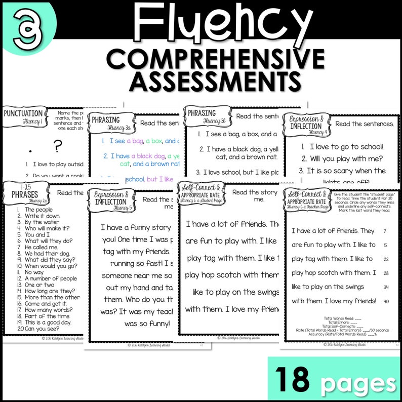 May include: A black and white printable worksheet with the title "Fluency Comprehensive Assessments" and the number "18 pages" at the bottom. The worksheet is divided into sections with headings like "Phrasing", "Expression & Inflection", and "Self-Correct & Appropriate Rate". Each section includes a reading passage and instructions for the reader.
