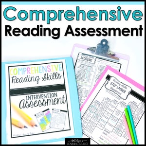 May include: A blue binder with the title "Comprehensive Reading Skills Intervention Assessment" and a pink and white checklist titled "Reading Skills Step Ladder Assessment". The checklist has a grid with columns for "Phonics", "Fluency", "Vocabulary", "Comprehension", and "Reading Rate".
