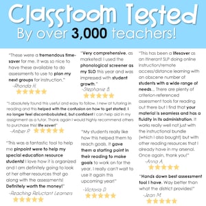 May include: A collage of positive reviews from teachers about a classroom assessment tool. The reviews highlight the tool's effectiveness in helping teachers plan instruction, assess student progress, and provide support for students with diverse needs.