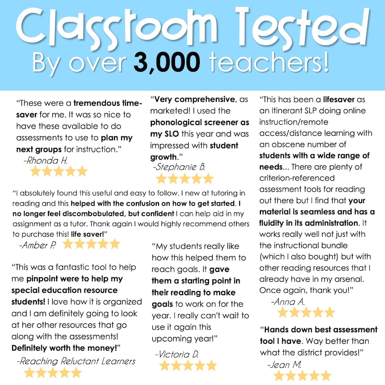 May include: A collage of positive reviews from teachers about a classroom assessment tool. The reviews highlight the tool's effectiveness in helping teachers plan instruction, assess student progress, and provide support for students with diverse needs.