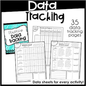May include: Black and white printable data tracking sheets for fluency assessments. The sheets include sections for student name, date, and notes. The text "Fluency Data Tracking" is on the cover sheet.