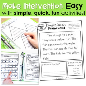 May include: A black and white binder with colorful worksheets for teaching reading fluency. The worksheets include a simple passage about a yellow fish, a pyramid read activity, a point and read activity, and a slide and read activity. The text on the worksheets includes the words "Simple Passage Fluent Read", "Pyramid Read", "Point & Read", and "Slide & Read".