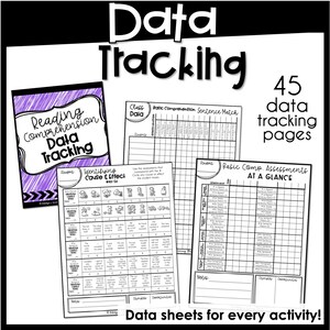 May include: Black and white printable data tracking sheets for reading comprehension activities. The sheets include titles like "Basic Comprehension", "Sentence Match", "Identifying Cause & Effect", and "Basic Comp Assessments at a Glance". There are 45 data tracking pages in total.