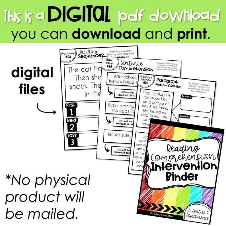 May include: A digital download for a reading comprehension intervention binder. The cover features a rainbow design with the text "Reading Comprehension Intervention Binder" in black. The text "Activities & Assessments" is at the bottom of the cover.
