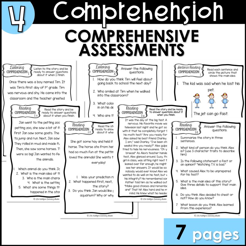 May include: A printable worksheet with colorful illustrations and text for a reading comprehension assessment. The worksheet includes questions about a story about a boy named Tim starting first grade, a girl named Jan visiting a petting zoo, and a boy named Alex taking a test.