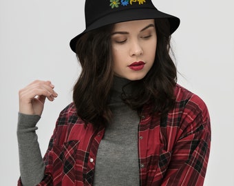 Bold Flower Power Embroidered Bucket Hat Black or White