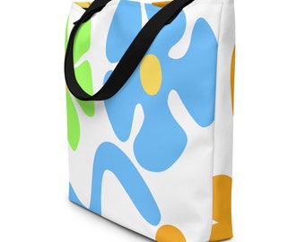 Extra Bold Flower Power All-Over Print Large Tote Bag with Black or Yellow Handles