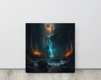 Enchanted Elvish Forest Canvas or Poster, Modern Art with waterfalls, river and dark colors, wall art