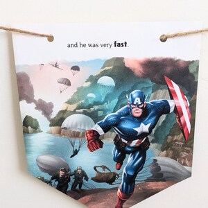 Puede incluir: Una ilustraci&oacute;n de c&oacute;mic de Capit&aacute;n Am&eacute;rica en paraca&iacute;das hacia una playa con otros soldados. El texto dice "y era muy r&aacute;pido."