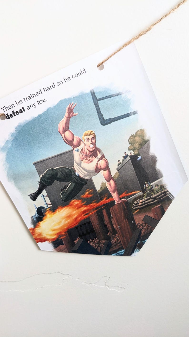 Puede incluir: Un hombre con un tanque blanco y pantalones negros salta sobre un campo de obst&aacute;culos en llamas. El texto "Then he trained hard so he could defeat any foe." es visible en la imagen.