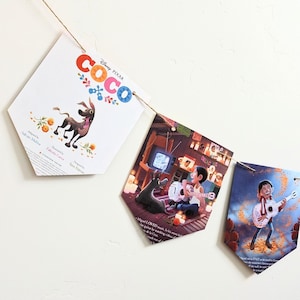 May include: A string of colorful pennants with images from the Disney Pixar movie Coco. The first pennant features the movie title "Coco" with a dog character. The second pennant shows a boy playing a guitar with a dog sitting next to him. The third pennant shows the boy playing a guitar in a field of orange leaves.
