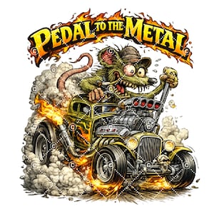 May include: Illustration of a cartoon rat driving a yellow hot rod car with flames and smoke. The text "PEDAL TO THE METAL" is above the car in a fiery font. The rat has a crazed expression and is wearing a hat.