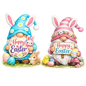 以下が含まれることがあります： 青とピンクの2匹のイースターノーム。どちらもウサギの耳を付けています。青いノームはピンクのウサギと「ハッピーイースター」と書かれた看板を持っています。ピンクのノームは「ハッピーイースター」と書かれた看板とイースターエッグを持っています。