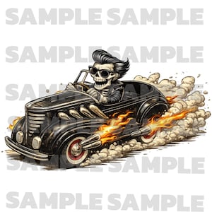 May include: Illustration of a skeleton driving a classic black hot rod car. The skeleton wears sunglasses and a leather jacket. Flames and smoke emanate from the car's exhaust pipes, creating a dynamic and edgy design.