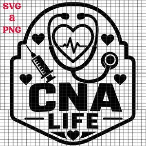 Puede incluir: Diseño gráfico en blanco y negro con un estetoscopio, un corazón con una línea de latido, una jeringa y corazones. El texto "CNA LIFE" se muestra de forma destacada. El diseño está sobre un fondo de cuadrícula, con "SVG & PNG" en la esquina superior izquierda.