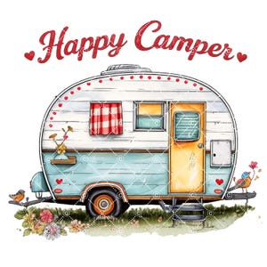 May include: A watercolour illustration of a vintage campervan with the text "Happy Camper" in red. The camper is light blue and white with a yellow door and a red and white checked window curtain. Decorative hearts and flowers are also included.