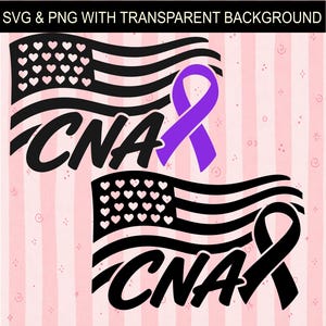 Puede incluir: Dos diseños con una bandera estadounidense con estrellas en forma de corazón y rayas onduladas. La palabra "CNA" está escrita en letras negritas y estilizadas. Una cinta morada está incluida en un diseño y una cinta negra en el otro. El fondo es rosa con rayas verticales.