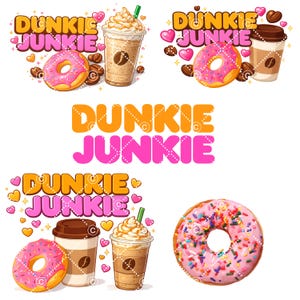 Diseño gráfico de Dunkie Junkie, clipart de donuts, cafetería, frappuccino para vasos, envolturas, camisetas, sublimación, bolsas de tela, resina epoxi, manualidades.
