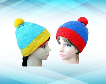 Red Blue hat or Blue Yellow hat, Knitted Hat Costume, Beanie Hat, South Park , Pompom Hat,Christmas Halloween Gift Cospla