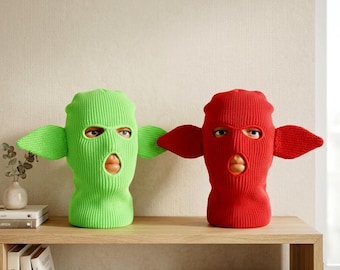 Goblin Balaclava mit Ohren - Custom Ski Maske - Lustige 3-Loch Balaclava - Neongrüne Strick Balaclava - Taktische gehäkelte Gesichtsmaske