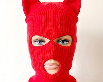 cagoule avec oreilles de chat au crochet, masque de ski en tricot,