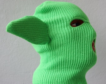 3 Hole Face Mask for Snowboarding and Winter Sports, Unique Knitted Goblin hat, Knit Ski balaclava with Ears