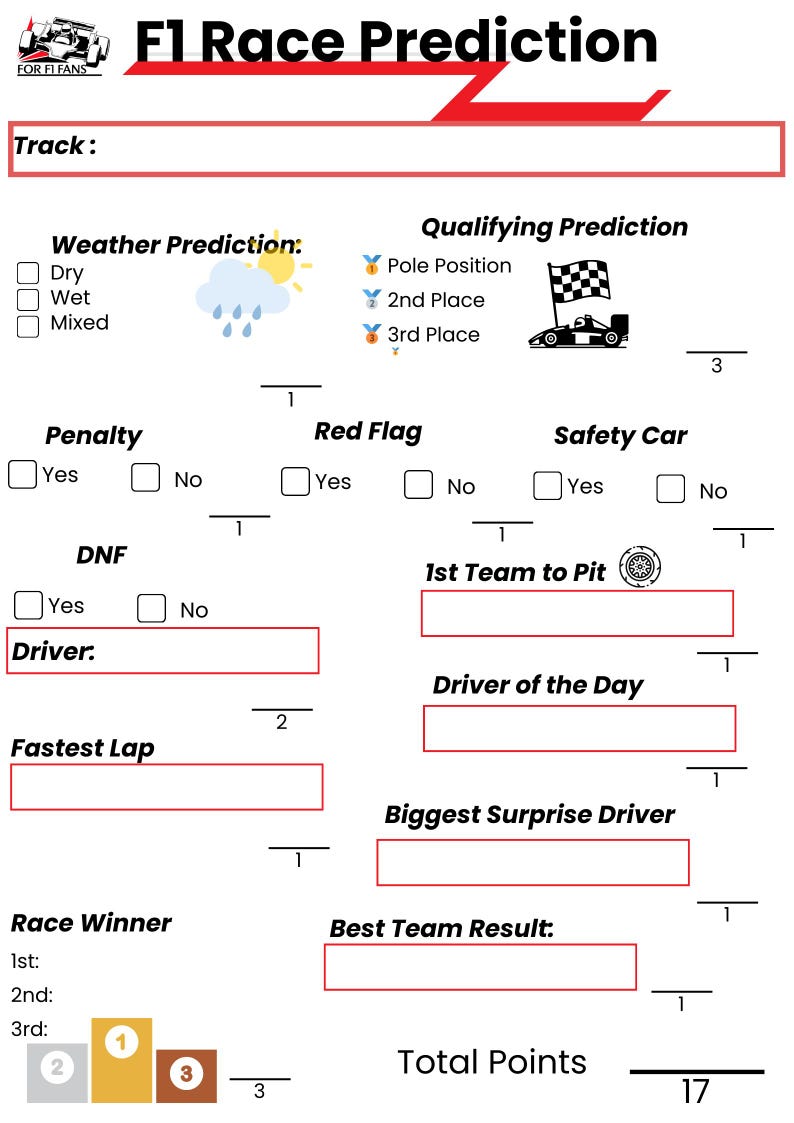 Family Worksheet Racing Formula 1 Watch Party Race Prediction Worksheet– Printable Game for ...