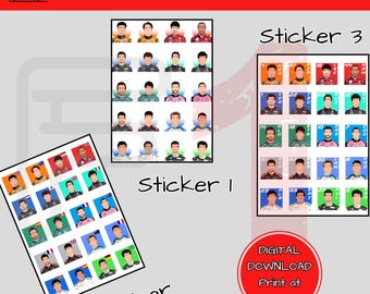 Könnte beinhalten: Drei Blätter mit Aufklebern, die Comic-Porträts von Formel-1-Fahrern für die Saison 2025 zeigen. Jedes Blatt ist mit "Sticker 1", "Sticker 2" und "Sticker 3" beschriftet. Der Text "F1 2025 Drivers" befindet sich oben im Bild. Der Text "DIGITAL DOWNLOAD Print at home" befindet sich unten im Bild.